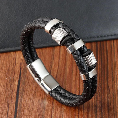 Charm Braid Rope Bracelet for Men - Stainless Steel Magnetic Buckle Genuine Leather Bracelet - OneSmartZone