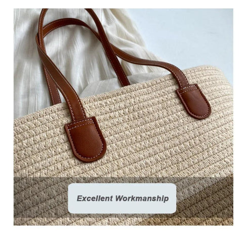 Handmade Braided Cotton Rope Tote – Large Shoulder Bag with Leather Handle - OneSmartZone