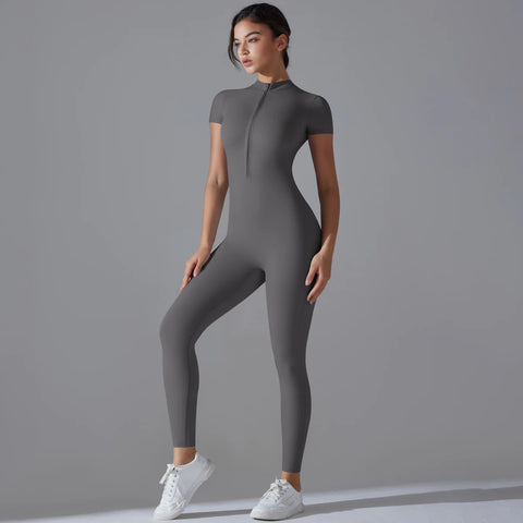 Women's Yoga Set – Zipper Jumpsuit, Push-Up Workout Bodysuit, Short Sleeve Fitness Tracksuit - OneSmartZone