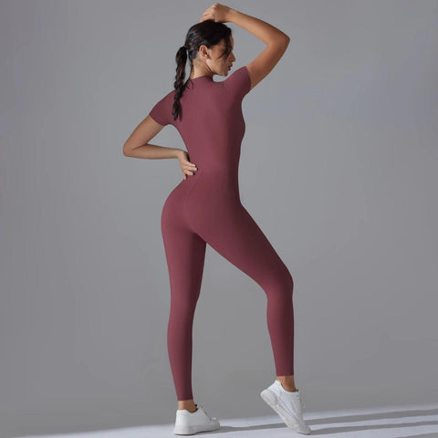 Women's Yoga Set – Zipper Jumpsuit, Push-Up Workout Bodysuit, Short Sleeve Fitness Tracksuit - OneSmartZone