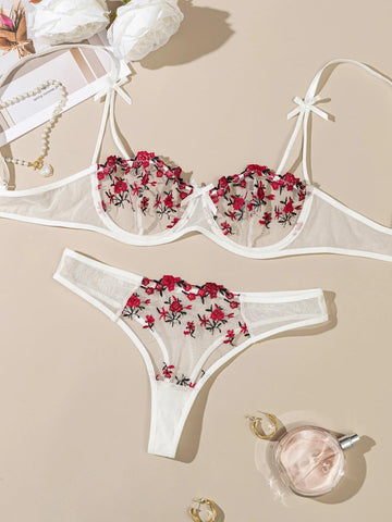 Floral Embroidery 2-Piece Lingerie Set – Elegant Women's Erotic Underwear - OneSmartZone