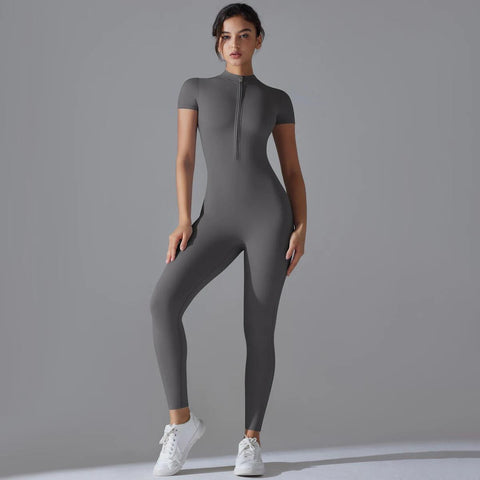 Women's Yoga Set – Zipper Jumpsuit, Push-Up Workout Bodysuit, Short Sleeve Fitness Tracksuit - OneSmartZone