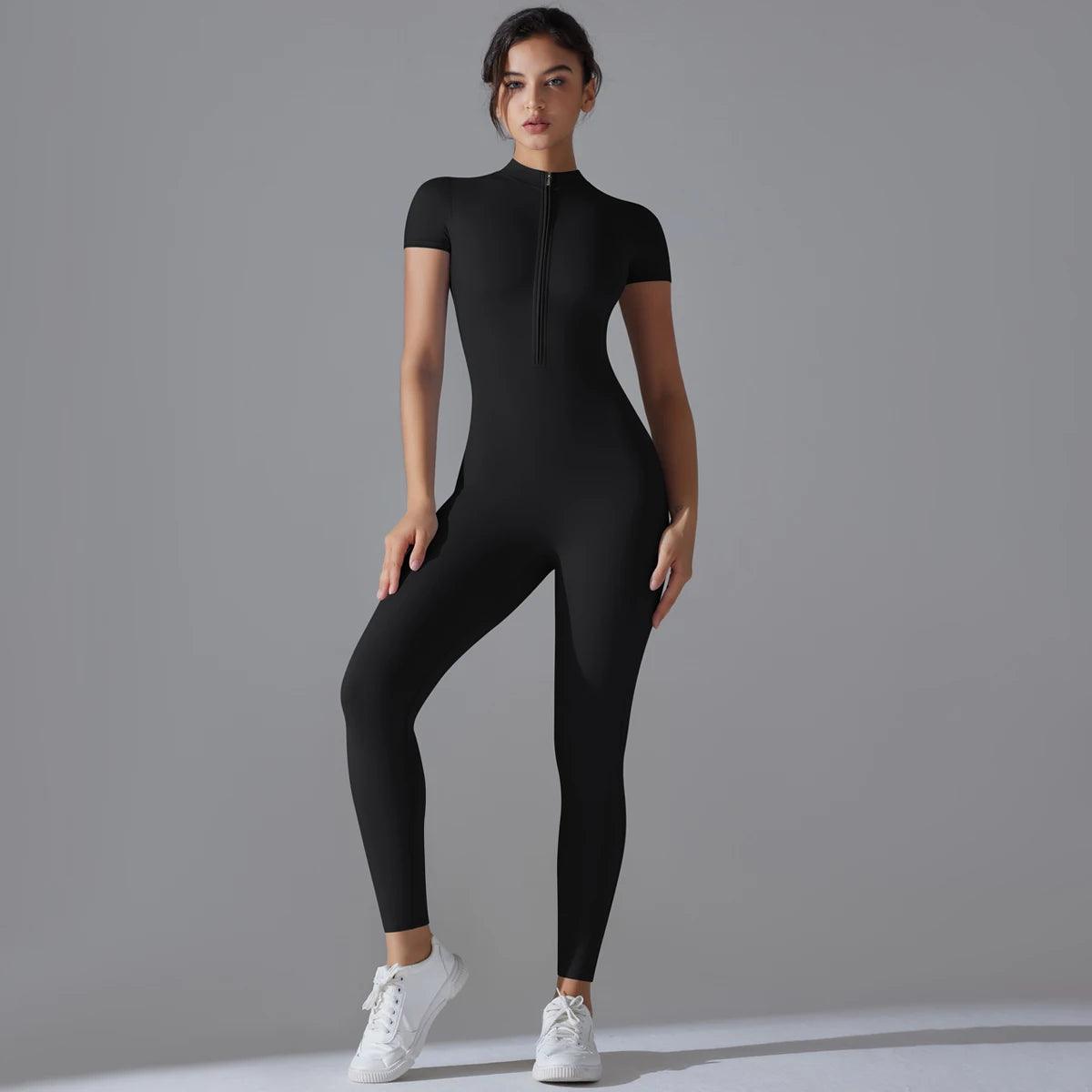 Women's Yoga Set – Zipper Jumpsuit, Push-Up Workout Bodysuit, Short Sleeve Fitness Tracksuit - OneSmartZone