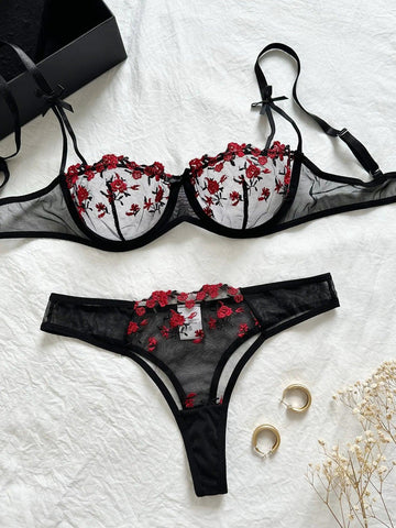 Floral Embroidery 2-Piece Lingerie Set – Elegant Women's Erotic Underwear - OneSmartZone