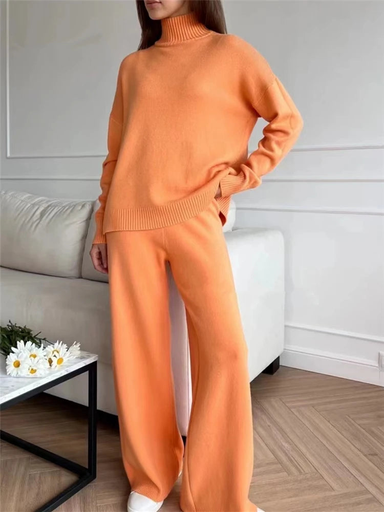 Women's Knitted Tracksuit – Turtleneck Sweater & Jogging Pants Set - OneSmartZone