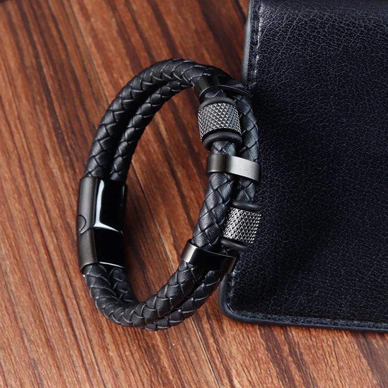 Charm Braid Rope Bracelet for Men - Stainless Steel Magnetic Buckle Genuine Leather Bracelet - OneSmartZone