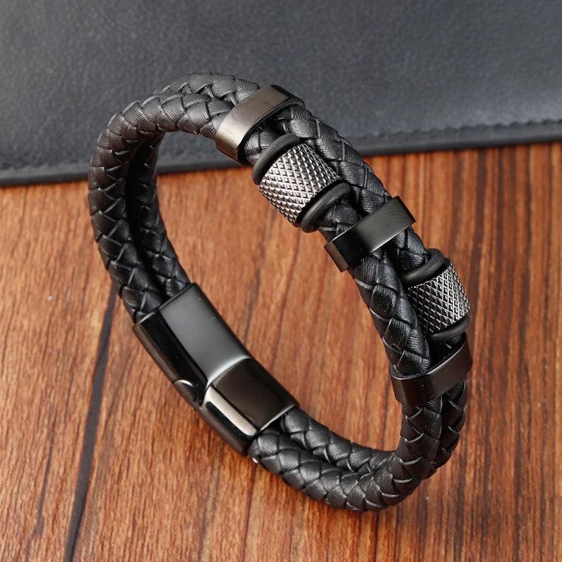 Charm Braid Rope Bracelet for Men - Stainless Steel Magnetic Buckle Genuine Leather Bracelet - OneSmartZone