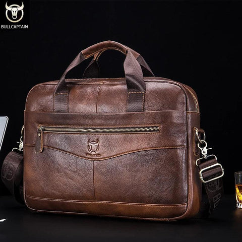 BULLCAPTAIN Genuine Leather Briefcase – 14-inch Laptop Shoulder Messenger Bag for Men - OneSmartZone