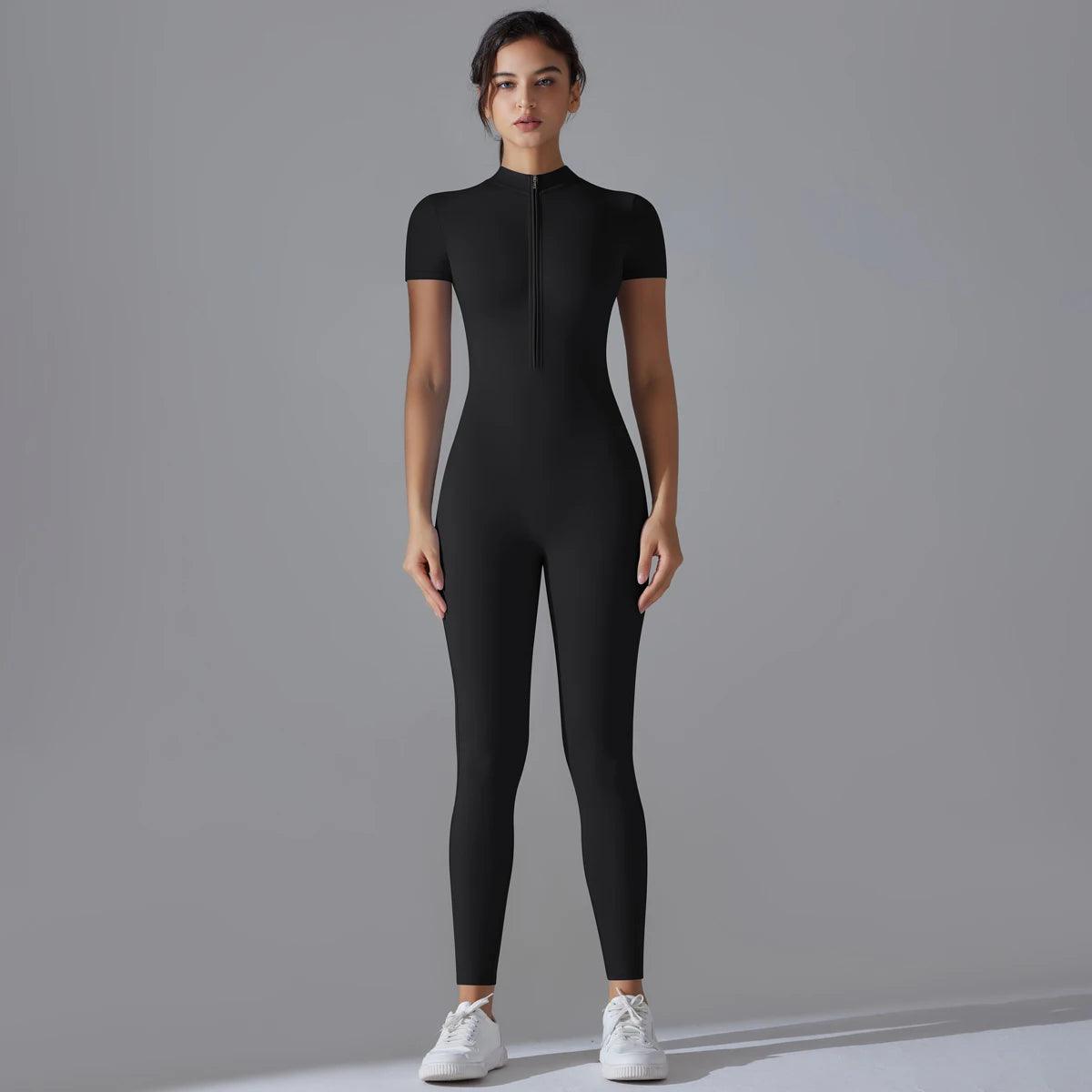 Women's Yoga Set – Zipper Jumpsuit, Push-Up Workout Bodysuit, Short Sleeve Fitness Tracksuit - OneSmartZone