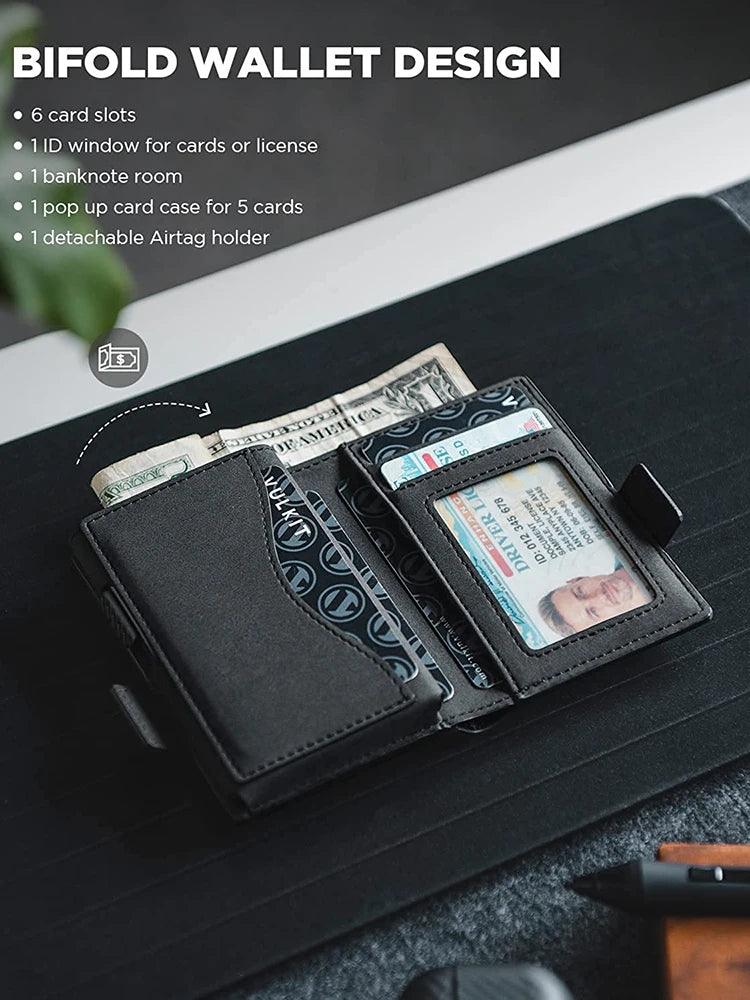 Leather Card Holder Wallet with AirTag Slot – RFID Blocking & Pop-Up Design - OneSmartZone