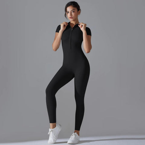 Women's Yoga Set – Zipper Jumpsuit, Push-Up Workout Bodysuit, Short Sleeve Fitness Tracksuit - OneSmartZone