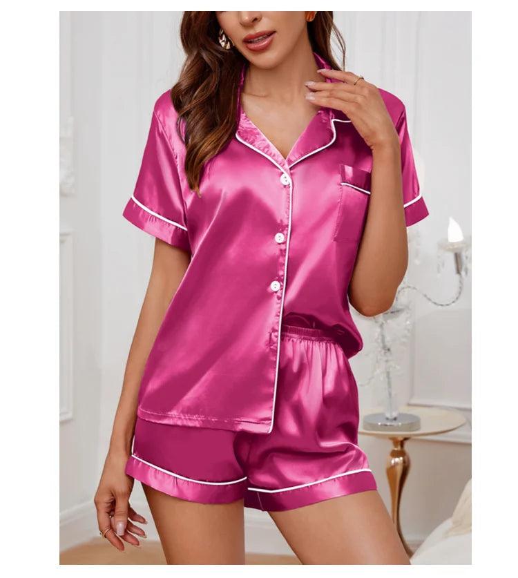 Women's Satin Pajama Set – Button-Down Top & Shorts 2-Piece Sleepwear - OneSmartZone