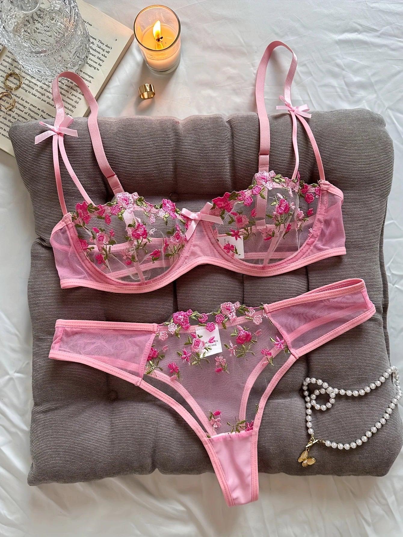 Floral Embroidery 2-Piece Lingerie Set – Elegant Women's Erotic Underwear - OneSmartZone