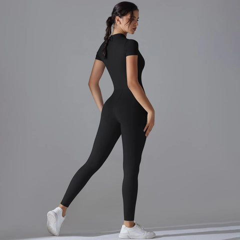 Women's Yoga Set – Zipper Jumpsuit, Push-Up Workout Bodysuit, Short Sleeve Fitness Tracksuit - OneSmartZone