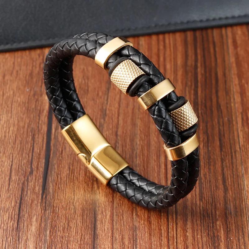 Charm Braid Rope Bracelet for Men - Stainless Steel Magnetic Buckle Genuine Leather Bracelet - OneSmartZone