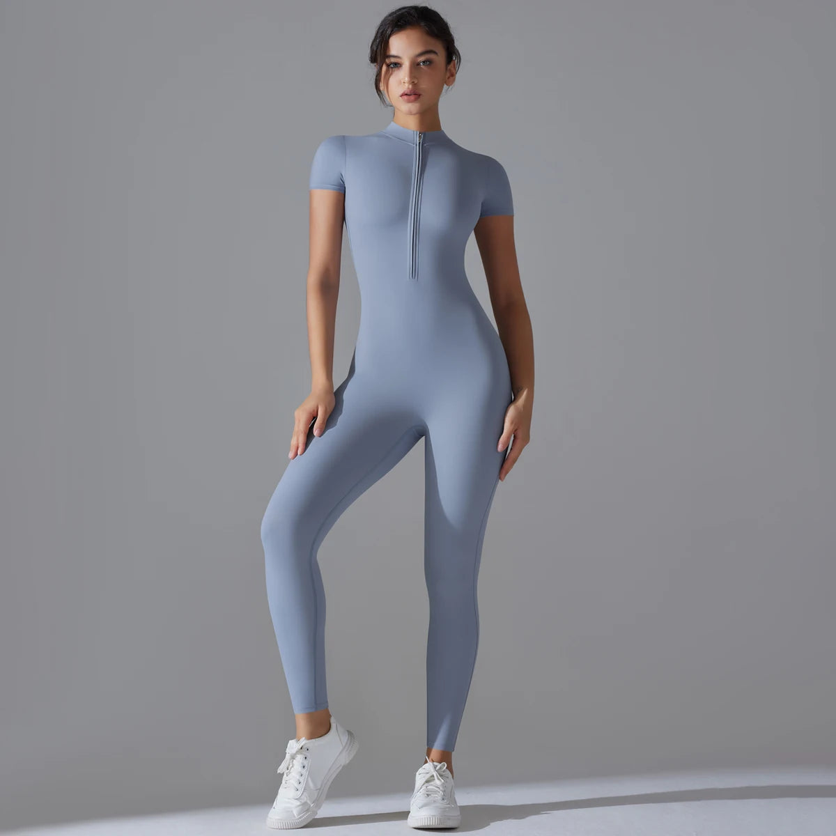 Women's Yoga Set – Zipper Jumpsuit, Push-Up Workout Bodysuit, Short Sleeve Fitness Tracksuit - OneSmartZone