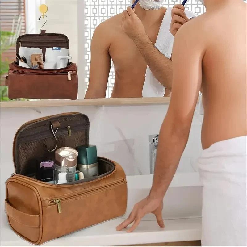 LuxVoyage™ – Premium Leather Hanging Toiletry Bag - OneSmartZone