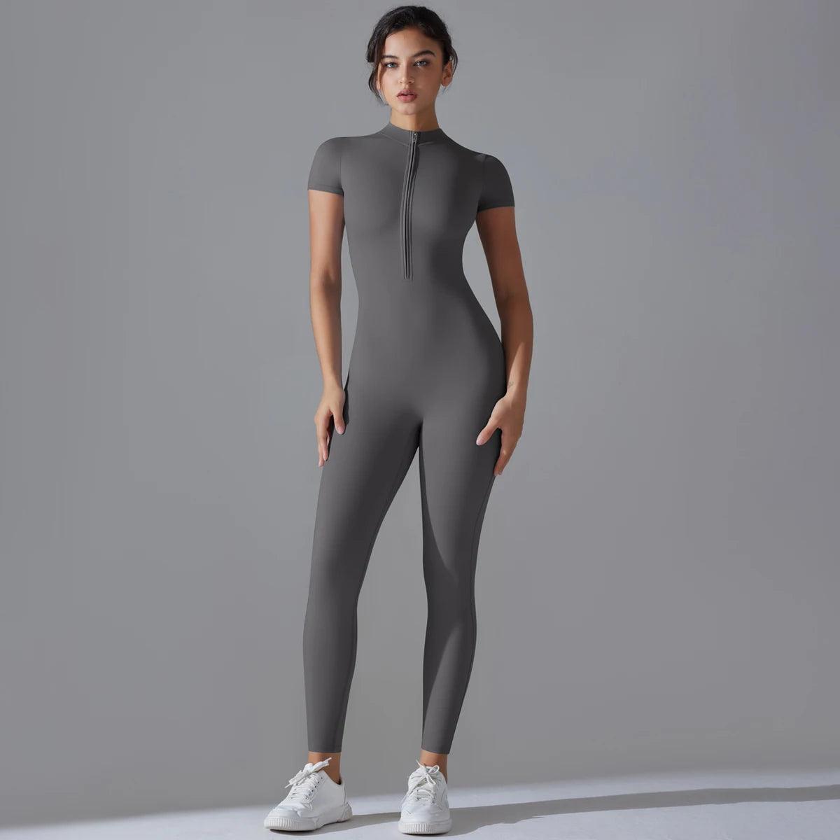 Women's Yoga Set – Zipper Jumpsuit, Push-Up Workout Bodysuit, Short Sleeve Fitness Tracksuit - OneSmartZone