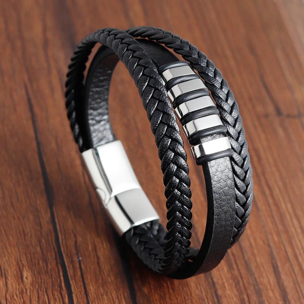 Charm Braid Rope Bracelet for Men - Stainless Steel Magnetic Buckle Genuine Leather Bracelet - OneSmartZone