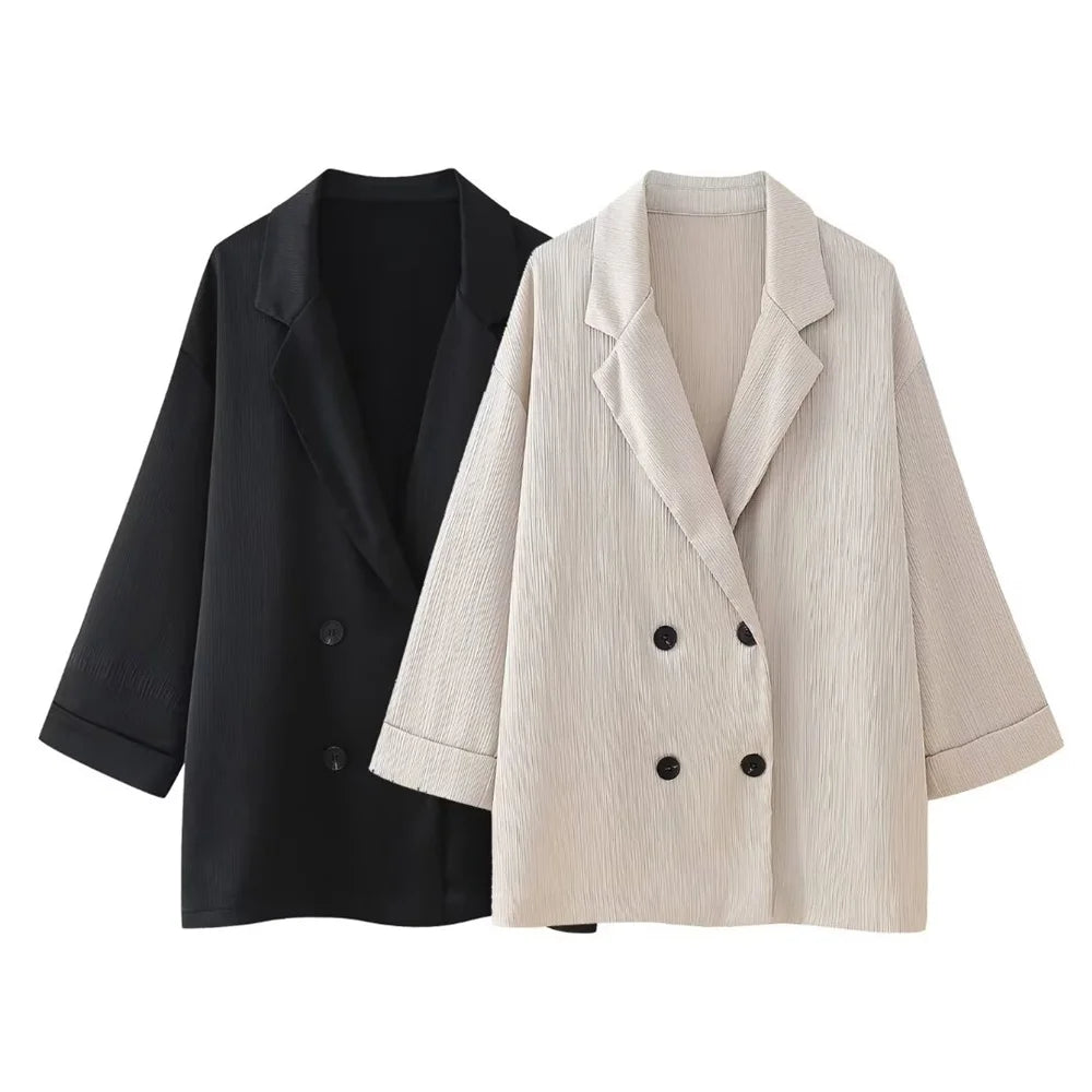 Women's Double-Breasted Suit Set – Wrinkle Effect Blazer & Pants - OneSmartZone