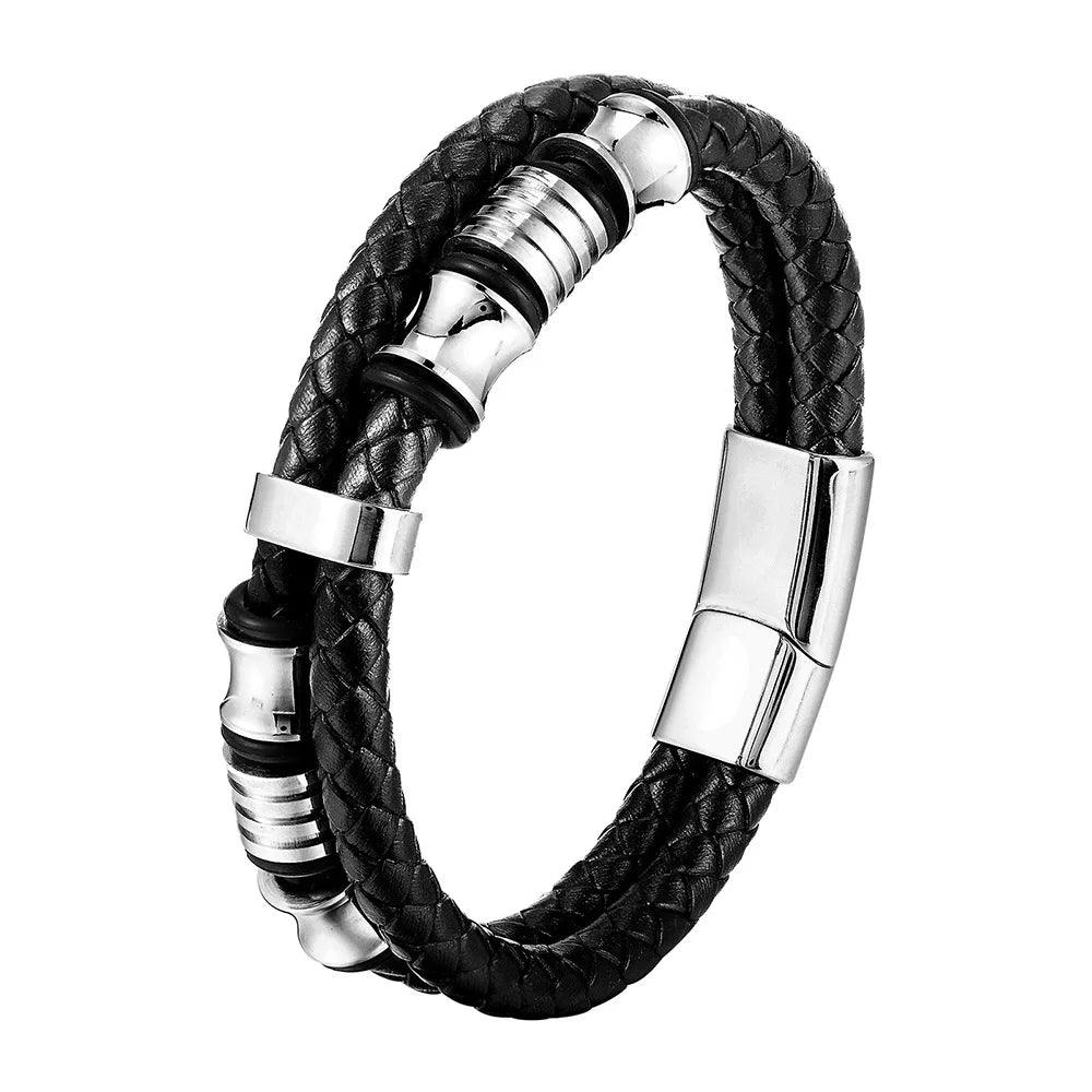 Charm Braid Rope Bracelet for Men - Stainless Steel Magnetic Buckle Genuine Leather Bracelet - OneSmartZone