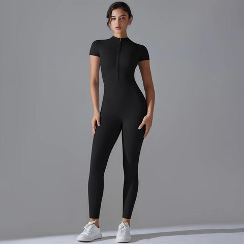 Women's Yoga Set – Zipper Jumpsuit, Push-Up Workout Bodysuit, Short Sleeve Fitness Tracksuit - OneSmartZone