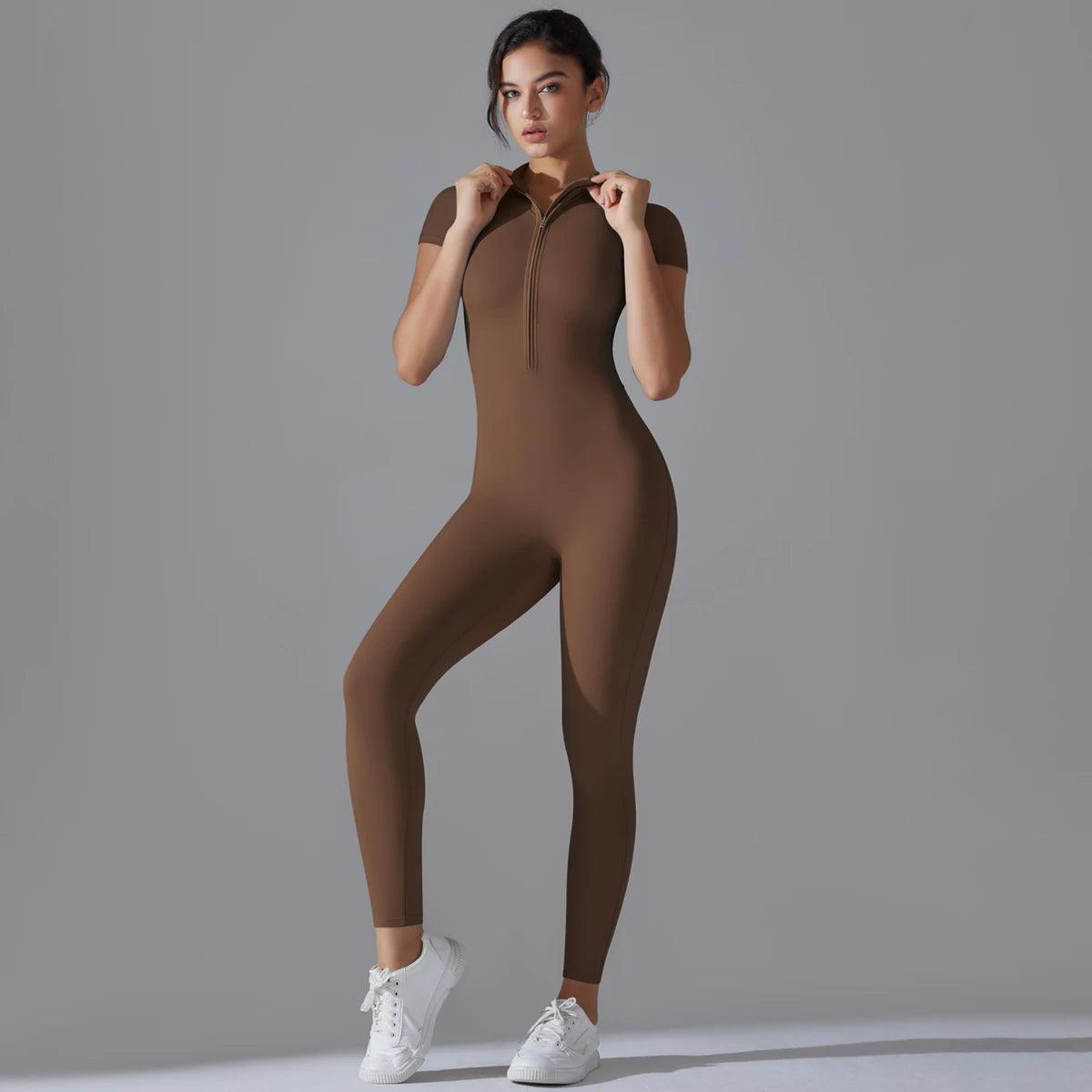 Women's Yoga Set – Zipper Jumpsuit, Push-Up Workout Bodysuit, Short Sleeve Fitness Tracksuit - OneSmartZone