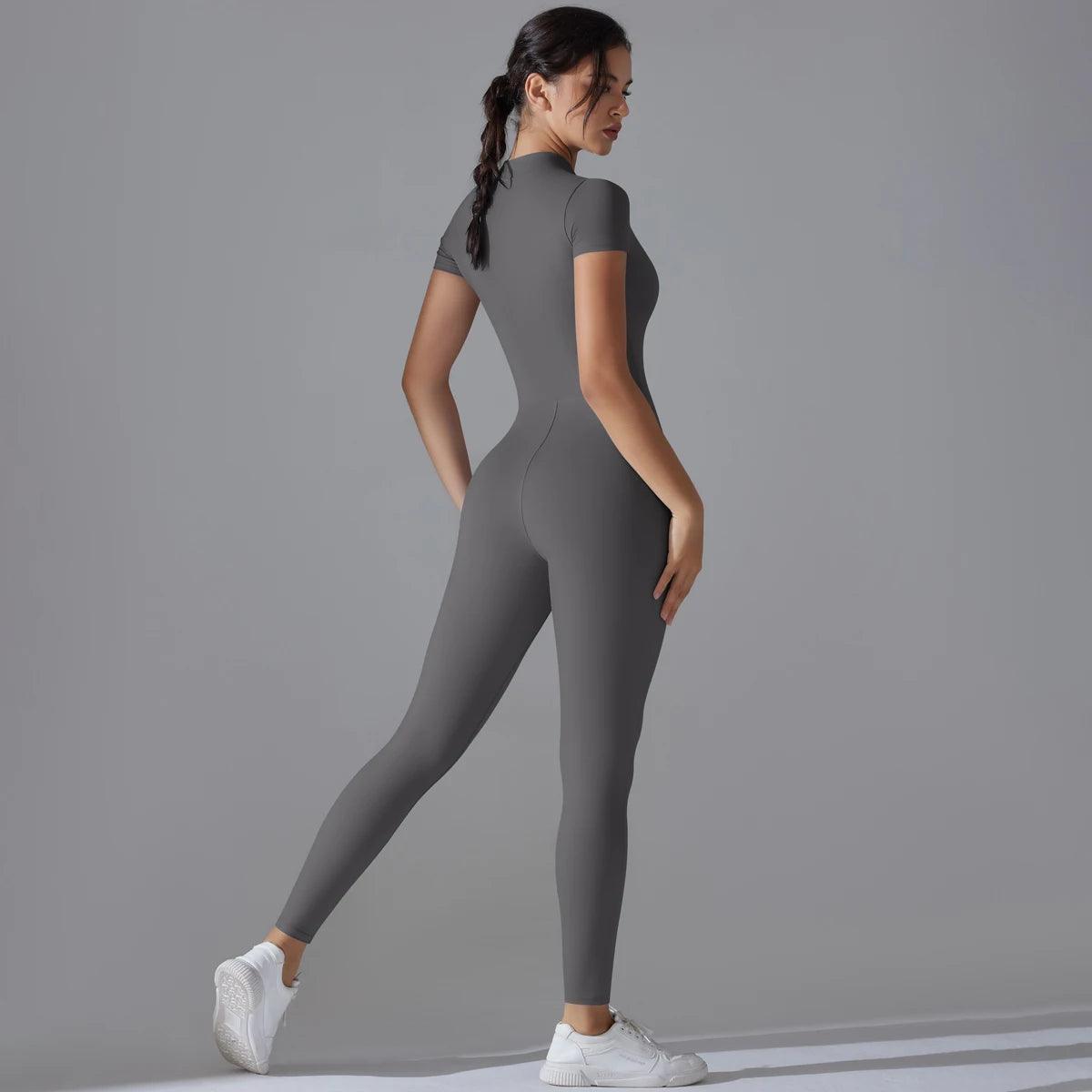 Women's Yoga Set – Zipper Jumpsuit, Push-Up Workout Bodysuit, Short Sleeve Fitness Tracksuit - OneSmartZone