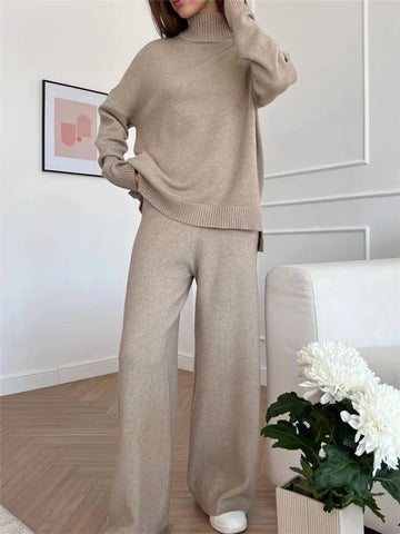 Women's Knitted Tracksuit – Turtleneck Sweater & Jogging Pants Set - OneSmartZone