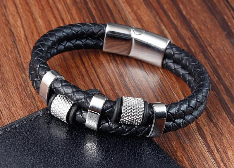 Charm Braid Rope Bracelet for Men - Stainless Steel Magnetic Buckle Genuine Leather Bracelet - OneSmartZone