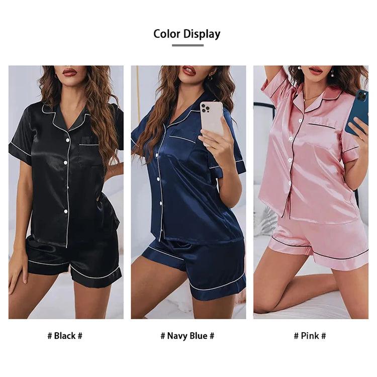 Women's Satin Pajama Set – Button-Down Top & Shorts 2-Piece Sleepwear - OneSmartZone