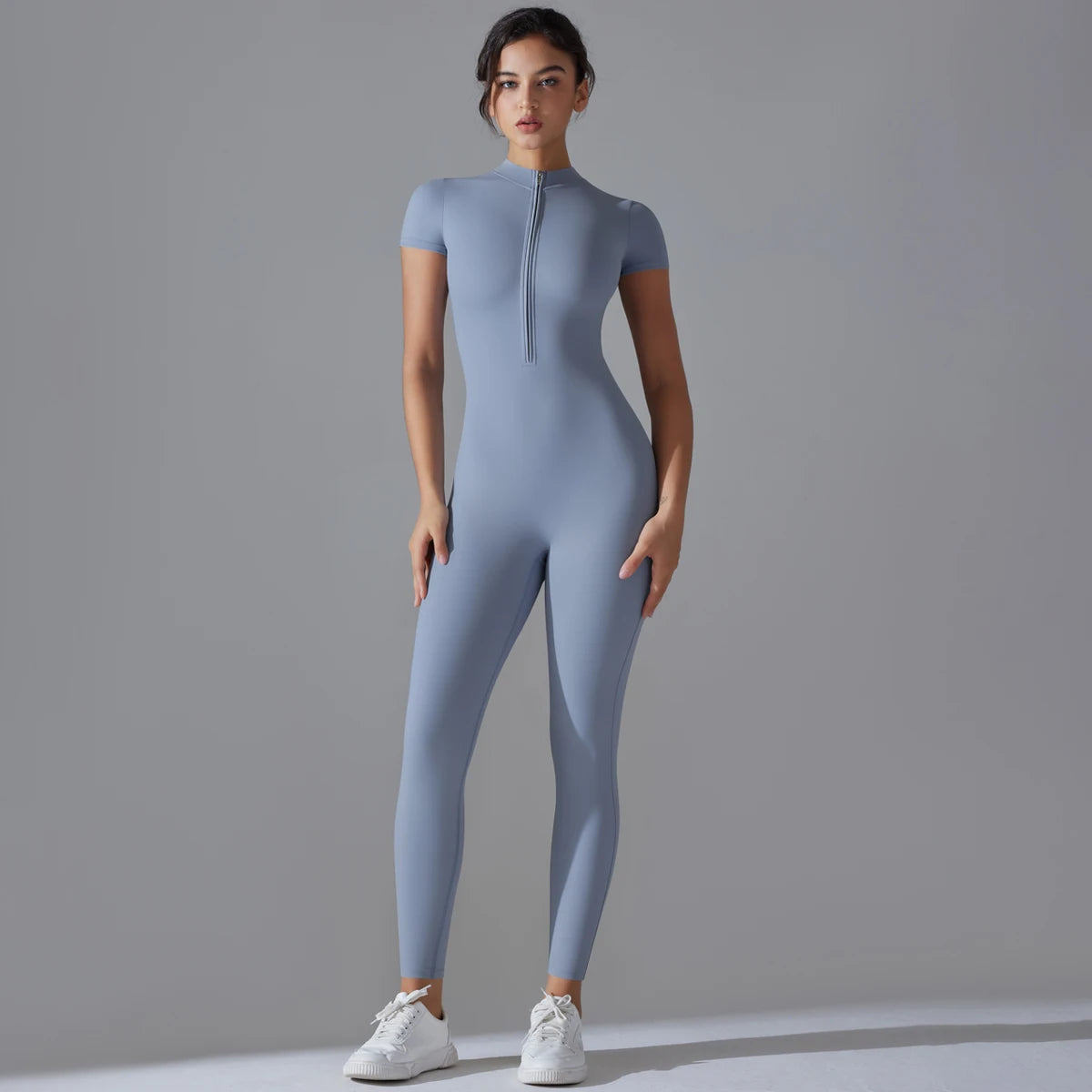 Women's Yoga Set – Zipper Jumpsuit, Push-Up Workout Bodysuit, Short Sleeve Fitness Tracksuit - OneSmartZone