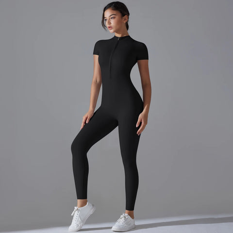 Women's Yoga Set – Zipper Jumpsuit, Push-Up Workout Bodysuit, Short Sleeve Fitness Tracksuit - OneSmartZone