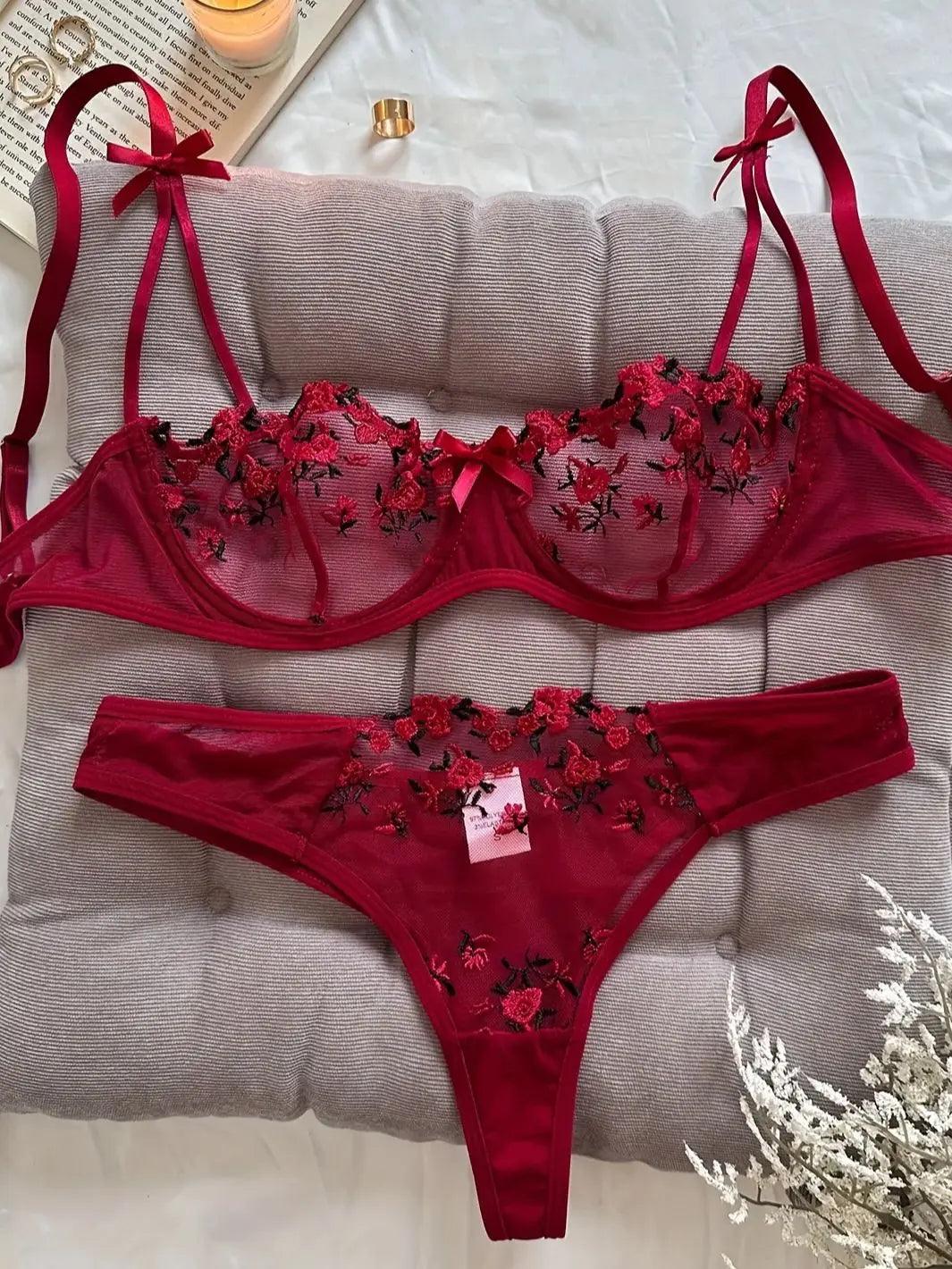 Floral Embroidery 2-Piece Lingerie Set – Elegant Women's Erotic Underwear - OneSmartZone