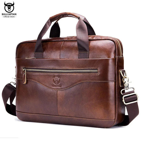 BULLCAPTAIN Genuine Leather Briefcase – 14-inch Laptop Shoulder Messenger Bag for Men - OneSmartZone