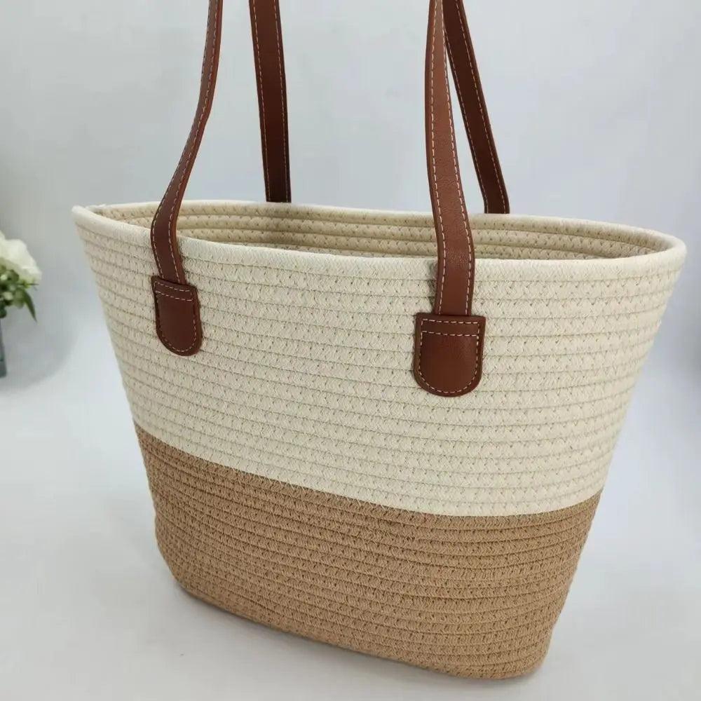 Handmade Braided Cotton Rope Tote – Large Shoulder Bag with Leather Handle - OneSmartZone